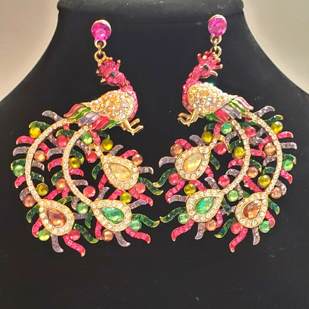 Large Beautiful Rhinestone Peacock Statement Earrings